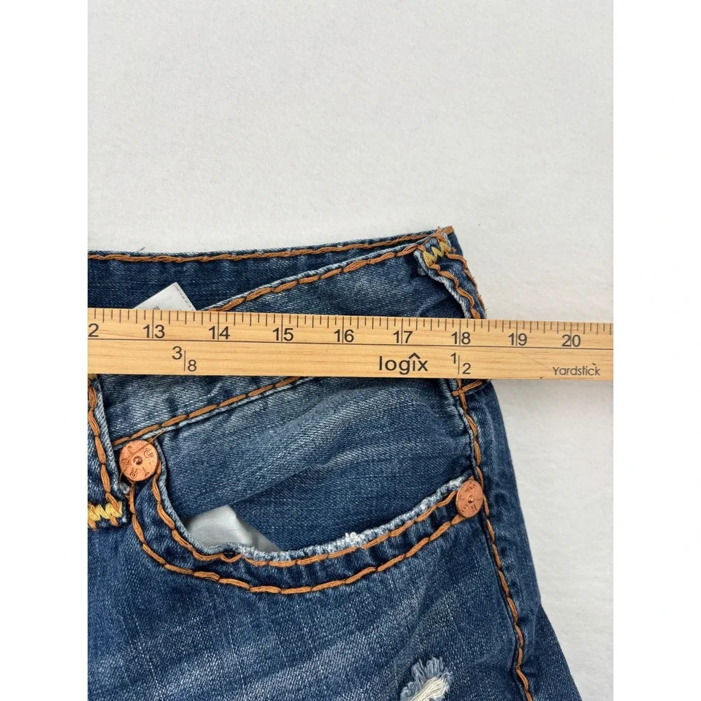 True Religion Ricky Jeans Mens 36 Blue Distressed Relaxed Straight Big Stitch
